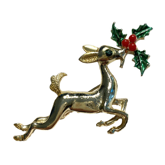 Vintage Christmas Brooch Goldtone Leaping Reindeer Red & Green Festive Holly Pin - Picture 1 of 6